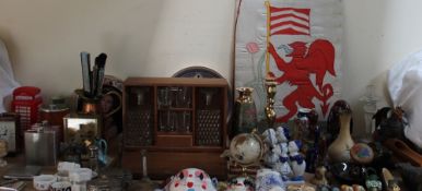 Two candlesticks, a vase and silkwork together with assorted ceramics, metalwares, porcelain masks,