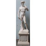 A simulated white marble statue of David on a square base 164cm high