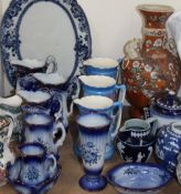 A Doulton Burslem Galleon pattern blue and white teapot together with a Japanese satsuma pottery