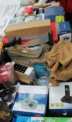 A large lot including stainless steel stock pot, shoes, scales,