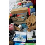 A large lot including stainless steel stock pot, shoes, scales,