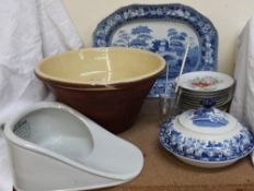 A slipper bed pan together with a mixing bowl, Spode blue and white meat plate,