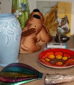 A Poole pottery dish together with an oriental figure, pottery vase,