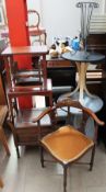 An Edwardian inlaid corner chair together with a piano stool, steps, occasional table,