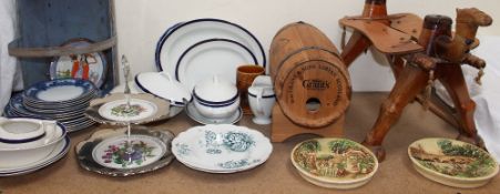 A blue and white Verona pattern part dinner set together with another part dinner set, tray,