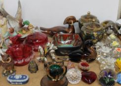 A collection of glass paperweights, cranberry glass, cloisonne vases,