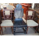A Victorian ebonised hall chair together with a pair of Edwardian salon chairs