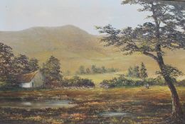 Ray Witchard A farmstead with a pond in the foreground Oil on canvas Signed 50 x 75cm