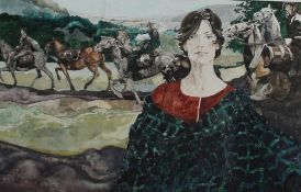 Sue Shields A wagon train with a figure in the foreground Watercolour Together with a Welsh Arts