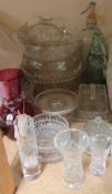 A Pilgrim's cranberry glass vase together with glass bowls, J C Brothwell glass bottle,