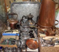 An electroplated four piece tea service together with electroplated Dickens figures, flatwares,