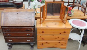 An oak bureau together with an oak cutlery box,