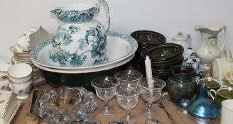 A studio pottery part breakfast set together with a Coalport part tea set, decorative glass,