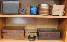 A Victorian walnut laptop desk together with bookends, fishing reels, costume jewellery, boxes,