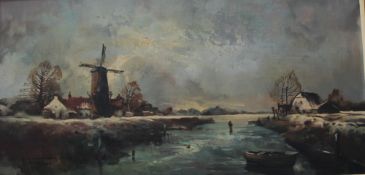 R Faber A winter river scene Oil on canvas Signed Together with a modern oil painting of birds of