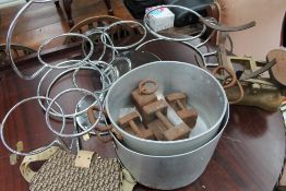 A W & T Avery scales together with weights, cooking pots, chrome wedding cake stands,