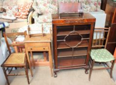 A 20th century mahogany display cabinet together with two bedroom chairs,