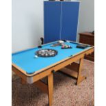A folding games table for snooker or table tennis together with a dartboard etc