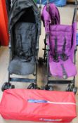 Two child's pushchairs together with a travel cot