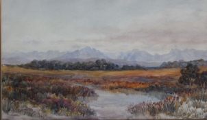 E Struben South African landscape Watercolour Together with two oil paintings and two prints