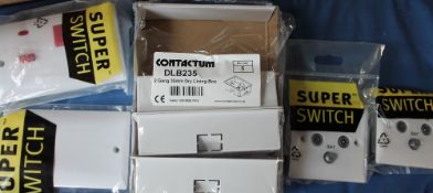 An extensive collection of new boxed electrical switches, Drylining boxes, blanking plates,