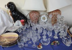 Coalport collectors plates together with a pair of pottery table lamps, drinking glasses,