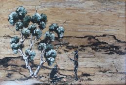 Wesley A landscape scene An aboriginal bark painting Signed 60 x 90cm Together with a companion of