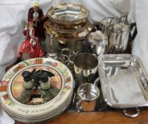 Assorted electroplated wares including an entree dish and cover, wine funnel, part tea set,