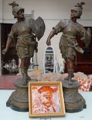 A pair of spectre figures of warriors together with a framed pottery tile