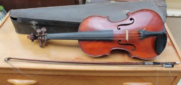 A violin with a two piece back and ebonised stringing, bears a label “Dulcis et Fortis”,