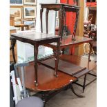 A reproduction mahogany extending dining table together with a coffee and three occasional tables