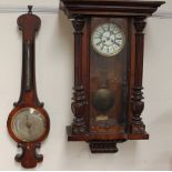 A walnut Vienna regulator type wall clock together with a rosewood banjo barometer