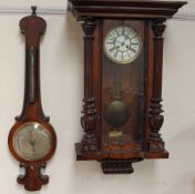 A walnut Vienna regulator type wall clock together with a rosewood banjo barometer