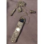 A Victorian silver chatelain, Sheffield, 1898, together with a propelling pencil, thimble holder,