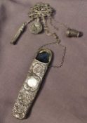 A Victorian silver chatelain, Sheffield, 1898, together with a propelling pencil, thimble holder,