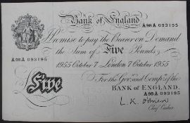 A Bank of England white Five Pounds note, "1955 October 7 London 7 October 1955" No. A98A 093195, L.