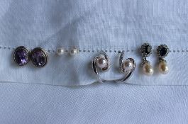 A pair of amethyst earrings together with faux pearl earrings etc