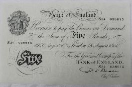 A Bank of England white Five Pounds note, "1950 August 18 London 18 August 1950" No. S34 038615, P.