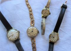 A Lady's 9ct gold Rotary wristwatch with a silvered dial on a 9ct gold bracelet together with three