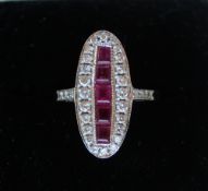 A ruby and diamond Art Deco style ring,