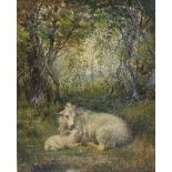 J H Sharp A ewe and lamb in a wooded landscape Oil on canvas Signed and dated '79 29 x 23.