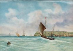 A Francis Clark porcelain plaque of rectangular form painted with ships at sea off a headland, 24.