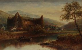 Harris An Abbey in a landscape with cottages and a river in the foreground Oil on canvas Signed 31