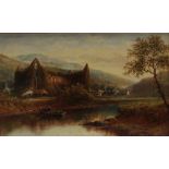 Harris An Abbey in a landscape with cottages and a river in the foreground Oil on canvas Signed 31