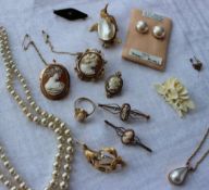 Assorted costume jewellery including cameo brooches, cameo ring,