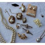 Assorted costume jewellery including cameo brooches, cameo ring,