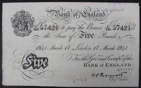 A Bank of England white Five Pounds note, "1941 March 17 London 17 March 1941" No. C140 57421, K.O.