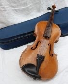 A violin with one piece back and ebonised line decoration, back including button, 37cm long,