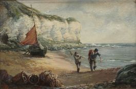 19th century British School Fishermen landing the nets with a chalk cliff beyond Bears a