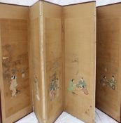 A Japanese silk and paper six fold screen,